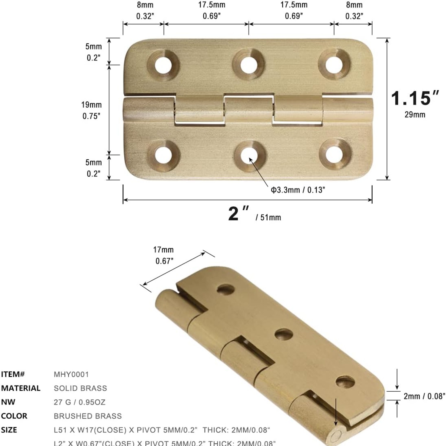 Keenkee Solid Brass Butt Hinges, 4 Pack