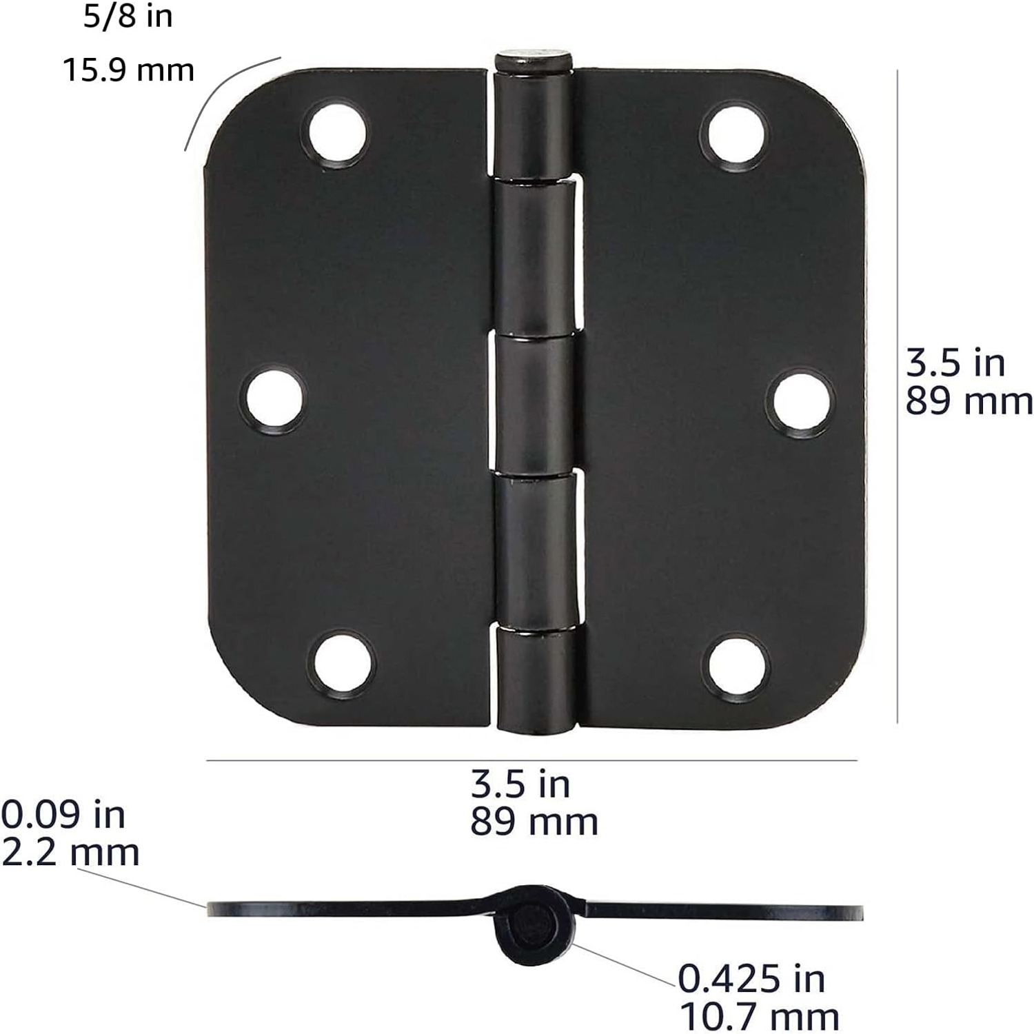 Rounded Corner Door Butt Hinges, 18 Pack, Matte Black